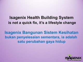 IsagenixHealthBuildingSystemisnotaquickfix,it’salifestylechangeIsagenix Bangunan Sistem Kesihatanbukan penyelesaian sementara, ia adalah satu perubahan gaya hidup  