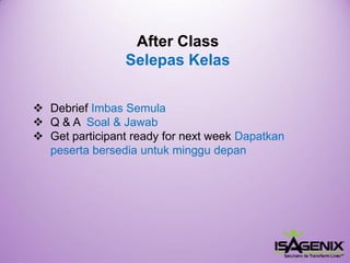 After Class 
SelepasKelas 
Debrief ImbasSemula 
Q & A Soal& Jawab 
Get participant ready for next week Dapatkanpesertabersediauntukminggudepan  