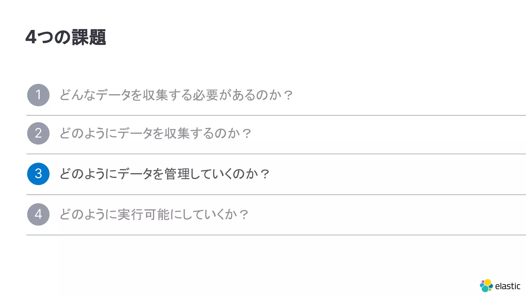 4つの課題
どんなデータを収集する必要があるのか？1
どのようにデータを管理していくのか？3
どのように実行可能にしていくか？4
どのようにデータを収集するのか？2
 
