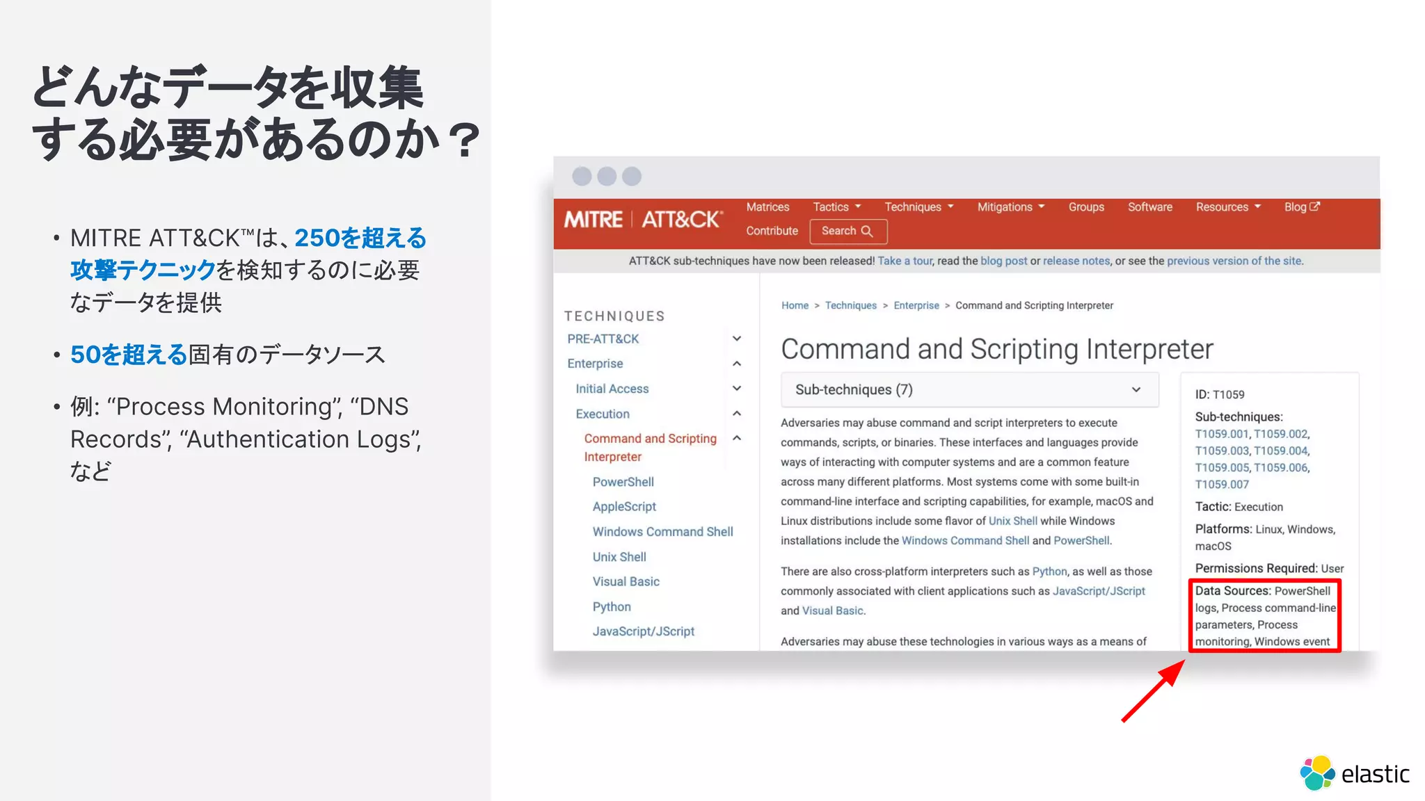 どんなデータを収集
する必要があるのか？
• MITRE ATT&CK™は、250を超える
攻撃テクニックを検知するのに必要
なデータを提供
• 50を超える固有のデータソース
• 例: “Process Monitoring”, “DNS
Records”, “Authentication Logs”,
など
 