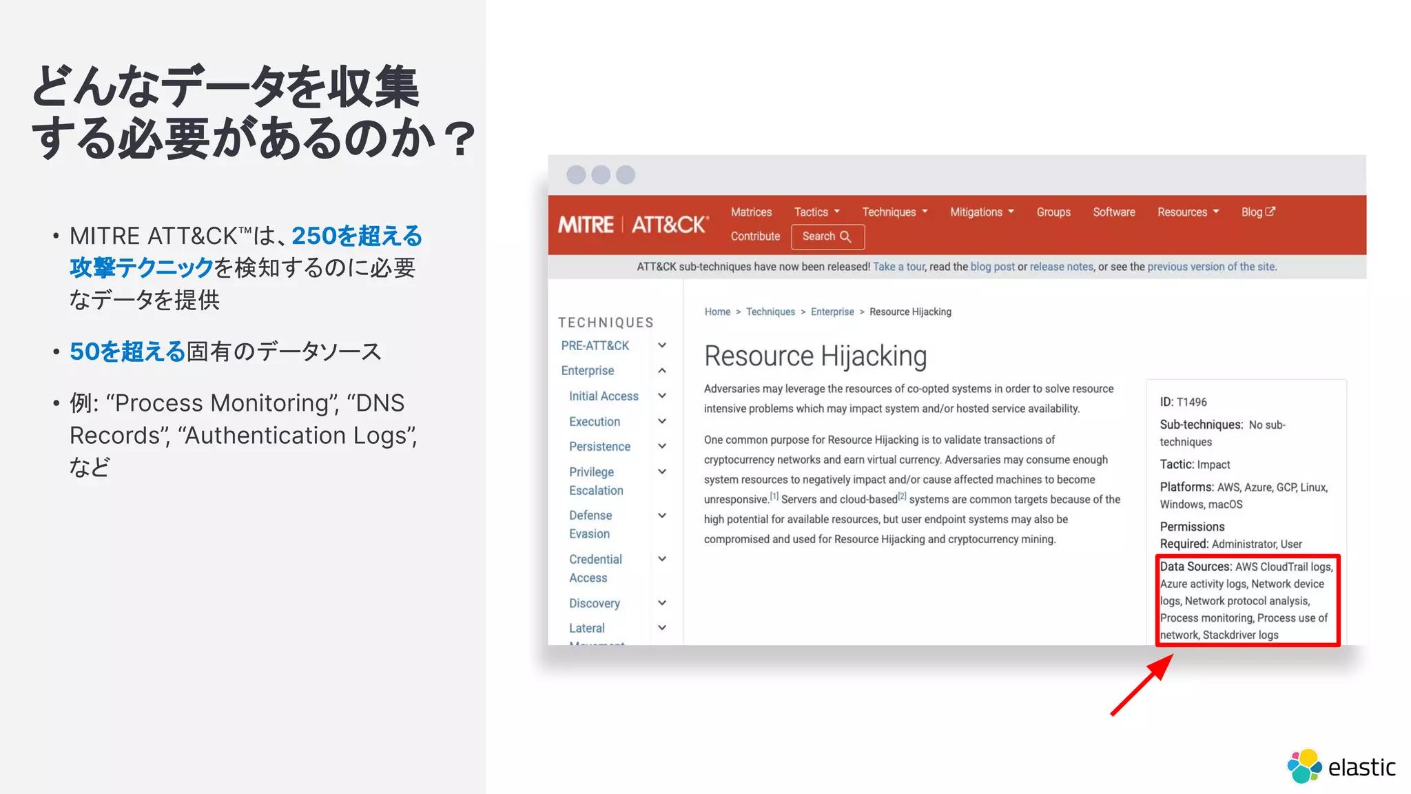 どんなデータを収集
する必要があるのか？
• MITRE ATT&CK™は、250を超える
攻撃テクニックを検知するのに必要
なデータを提供
• 50を超える固有のデータソース
• 例: “Process Monitoring”, “DNS
Records”, “Authentication Logs”,
など
 