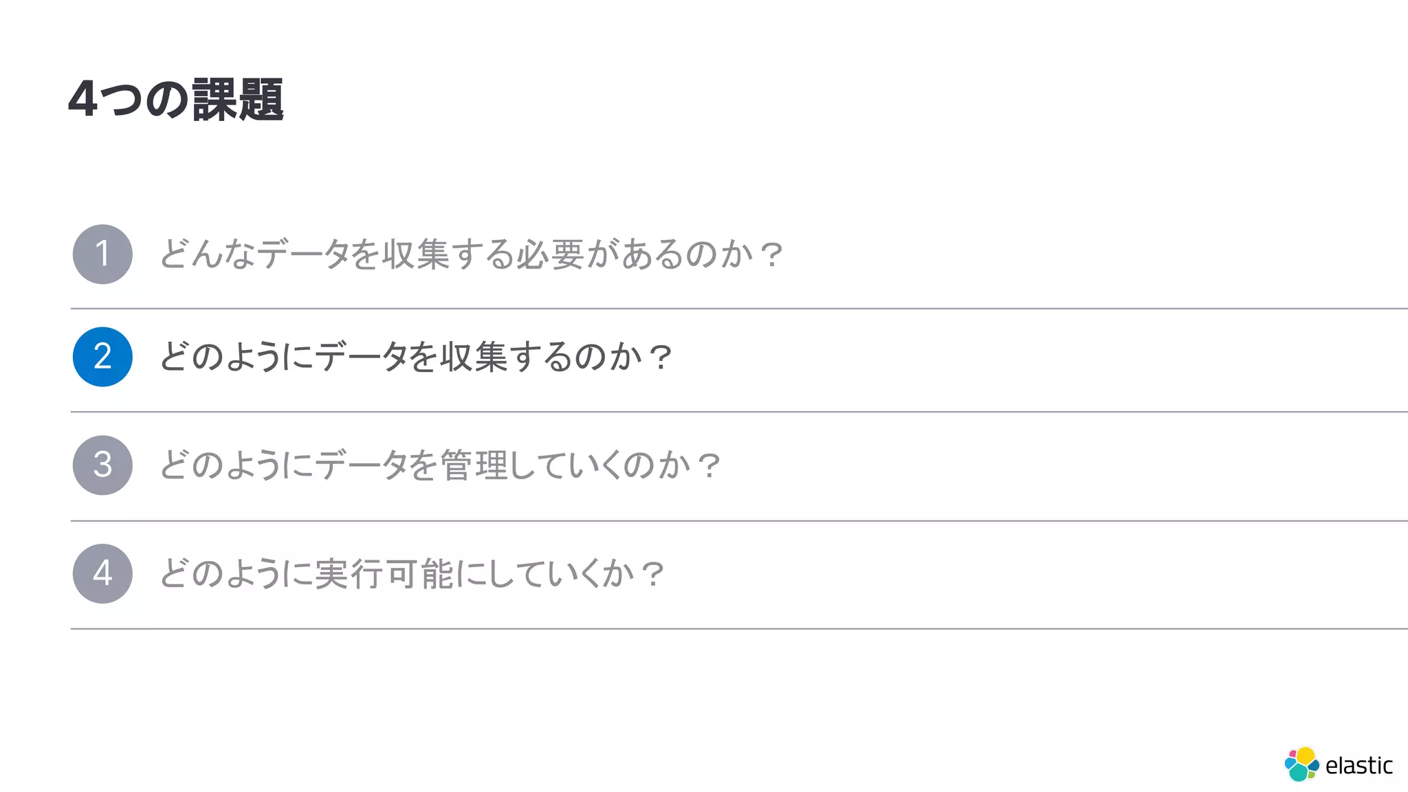 4つの課題
どんなデータを収集する必要があるのか？1
どのようにデータを管理していくのか？3
どのように実行可能にしていくか？4
どのようにデータを収集するのか？2
 