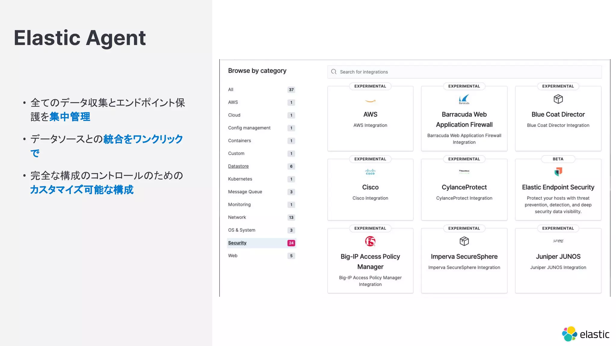 Elastic Agent
• 全てのデータ収集とエンドポイント保
護を集中管理
• データソースとの統合をワンクリック
で
• 完全な構成のコントロールのための
カスタマイズ可能な構成
 