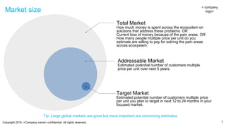 Copyright 2015, <Company name> confidential. All rights reserved.
Market size
7
Addressable Market
Estimated potential number of customers multiple
price per unit over next 5 years.
Target Market
Estimated potential number of customers multiple price
per unit you plan to target in next 12 to 24 months in your
focused market.
Total Market
How much money is spent across the ecosystem on
solutions that address these problems. OR
Current loss of money because of the pain areas. OR
How many people multiple price per unit do you
estimate are willing to pay for solving the pain areas
across ecosystem.
< company
logo>
Tip: Large global markets are great but more important are convincing estimates.
 