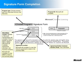 Signature Form Completion

Program type: Choose program
type from drop-down list (e.g. Get                             Proposal ID: Microsoft will
Genuine).                                                      complete.




MBA/MBSA
number: Reseller
or Microsoft
representative will
complete if there is
already an active
MBA or MBSA
(Microsoft will
invalidate              Agreement number:                          Agreement Public Customer
agreements
                        Microsoft will complete if a new Get       Number (PCN): This is left blank
submitted with
incorrect numbers).     Genuine agreement is listed in the
                        summary table.
Microsoft will
complete if a new
MBSA is listed in
the summary table.
 