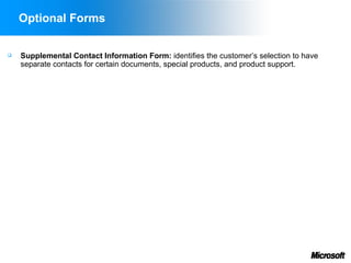 Optional Forms

   Supplemental Contact Information Form: identifies the customer’s selection to have
    separate contacts for certain documents, special products, and product support.
 