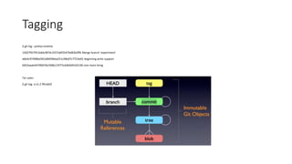 Tagging
$ git log --pretty=oneline
15027957951b64cf874c3557a0f3547bd83b3ff6 Merge branch 'experiment'
a6b4c97498bd301d84096da251c98a07c7723e65 beginning write support
0d52aaab4479697da7686c15f77a3d64d9165190 one more thing
Tar Later:
$ git tag -a v1.2 9fceb02
 