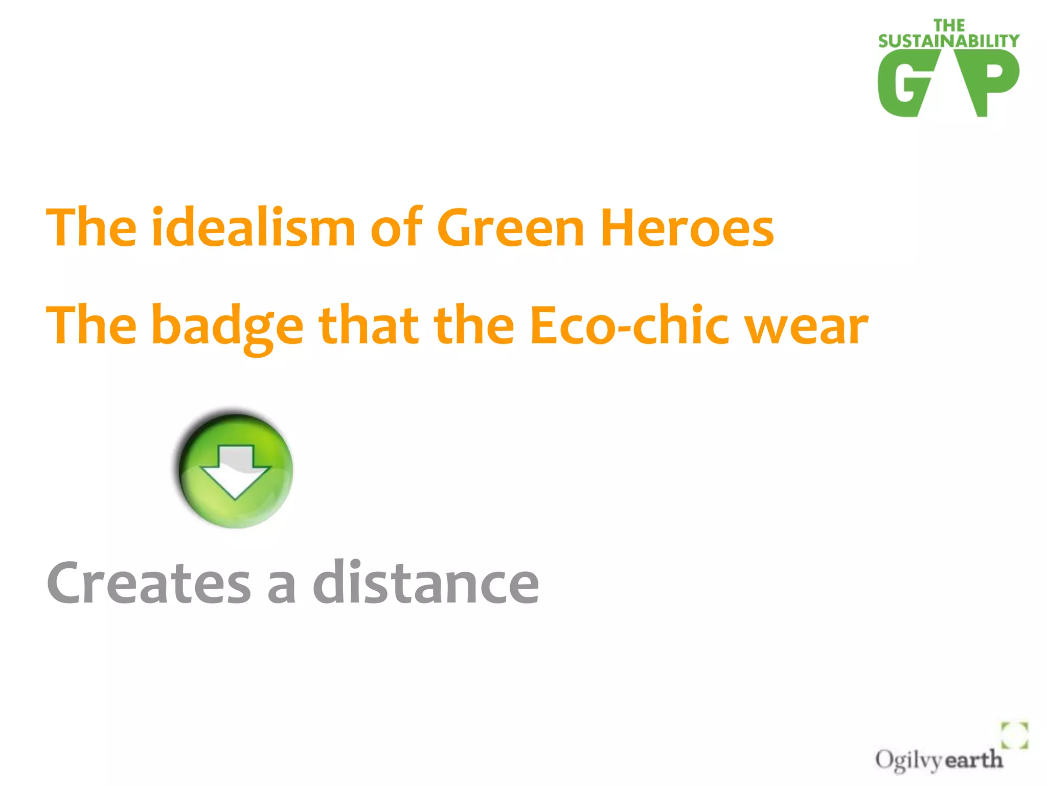 The idealism of Green HeroesThe badge that the Eco-chic wearCreates a distance