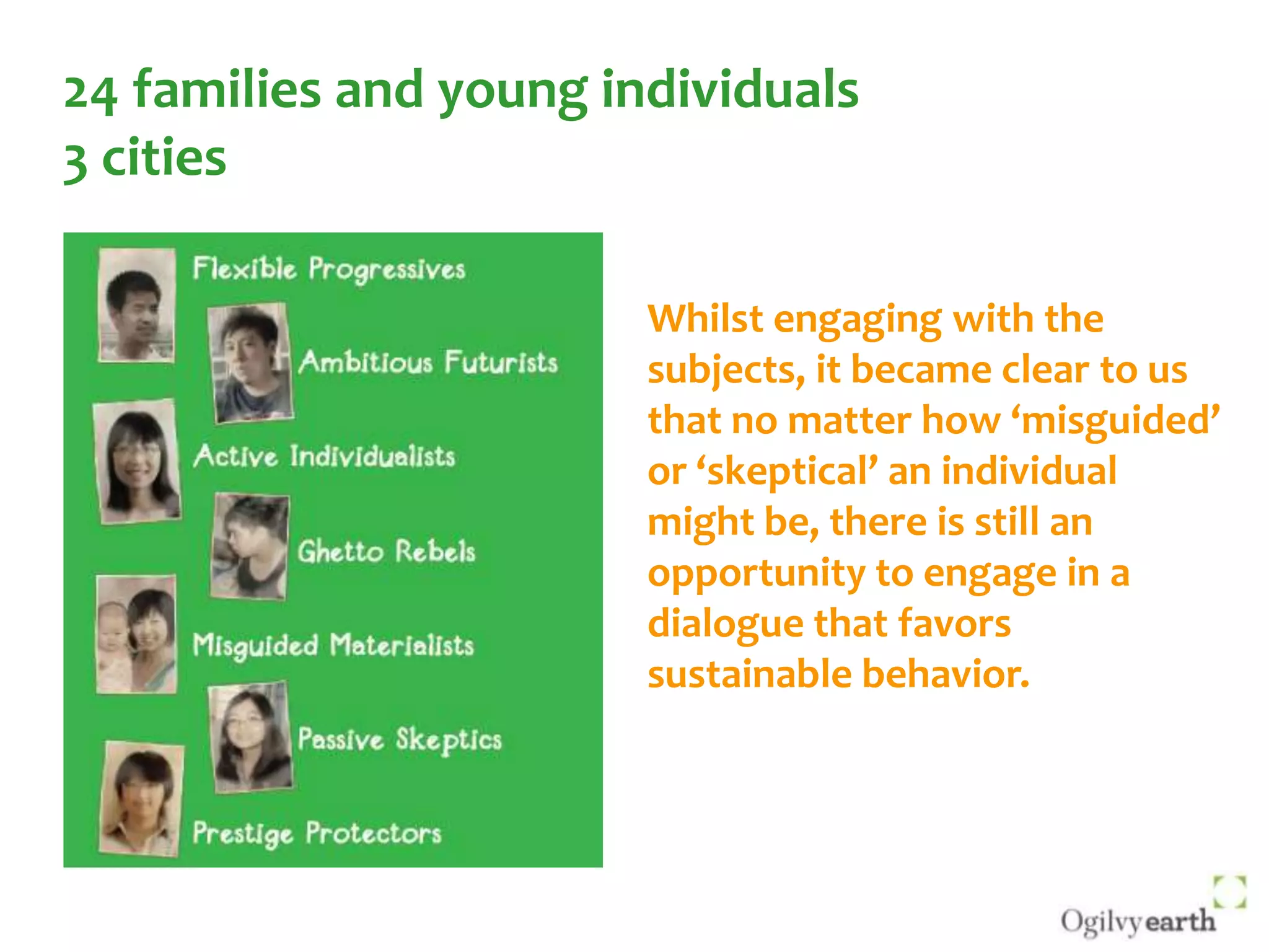 24 families and young individuals 3 cities   Whilst engaging with the subjects, it became clear to us that no matter how ‘misguided’ or ‘skeptical’ an individual might be, there is still an opportunity to engage in a dialogue that favors sustainable behavior. 