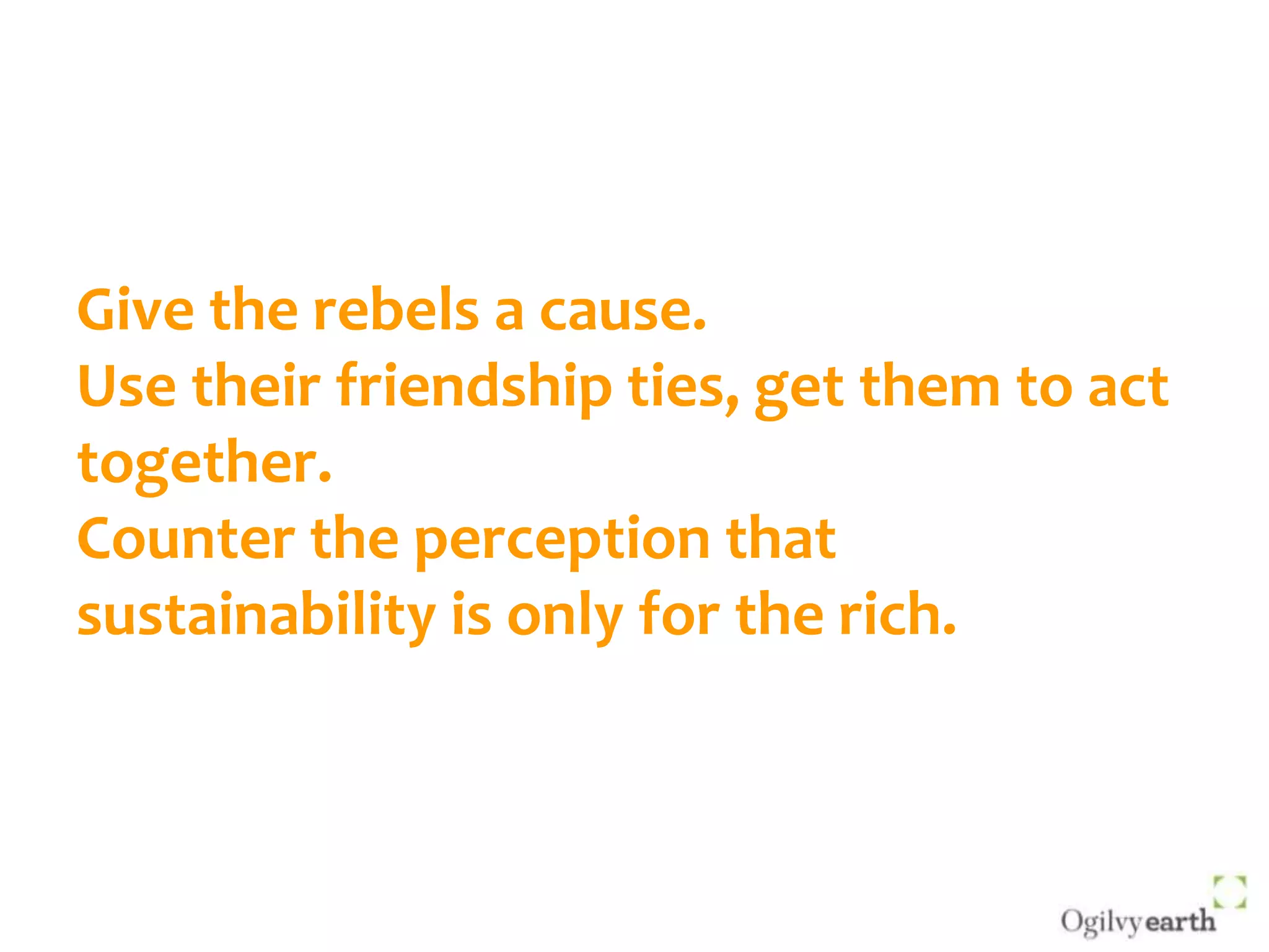 Give the rebels a cause.Use their friendship ties, get them to act together.Counter the perception that sustainability is only for the rich.