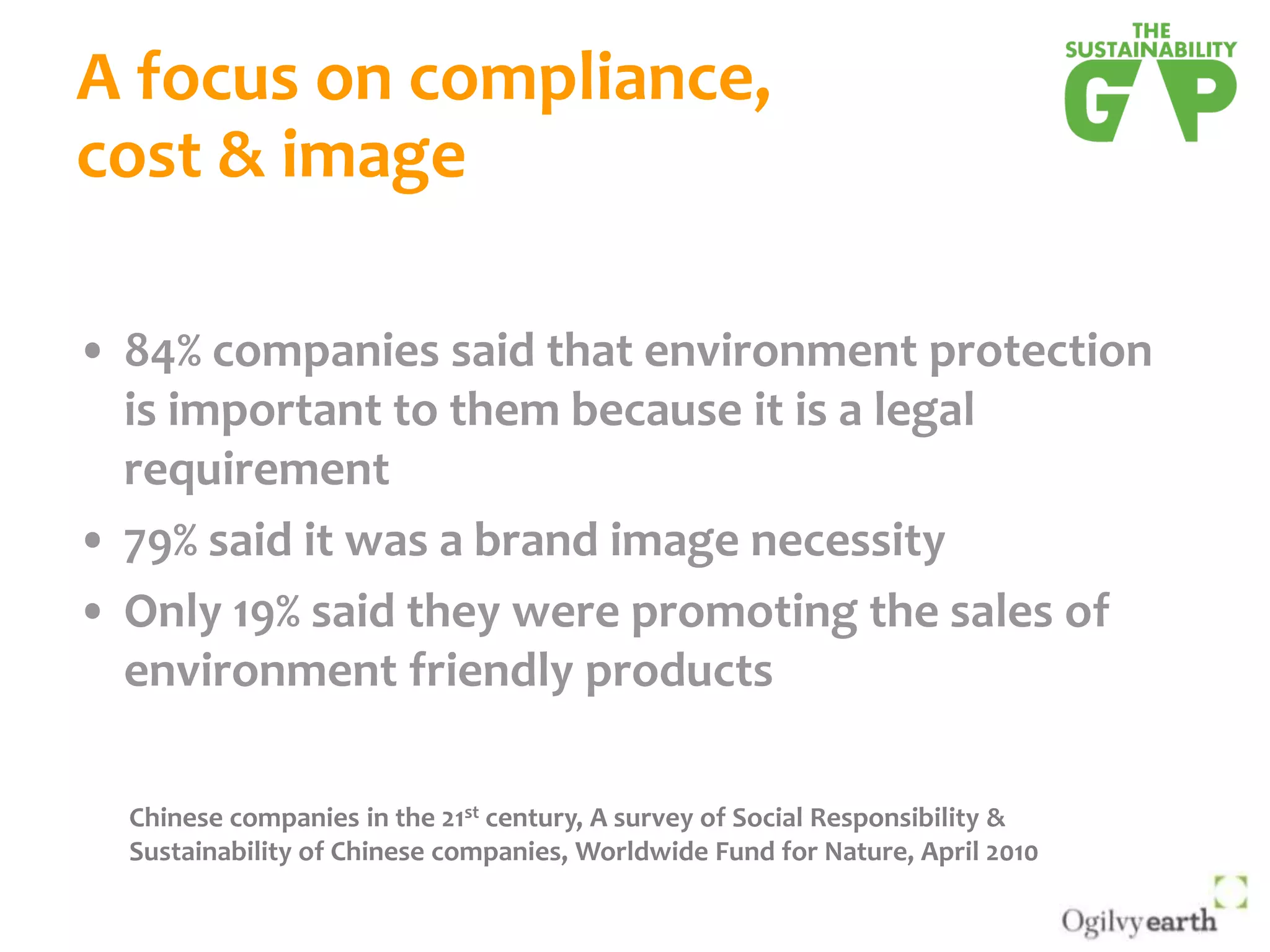 A focus on compliance, cost & image84% companies said that environment protection is important to them because it is a legal requirement79% said it was a brand image necessityOnly 19% said they were promoting the sales of environment friendly productsChinese companies in the 21st century, A survey of Social Responsibility & Sustainability of Chinese companies, Worldwide Fund for Nature, April 2010