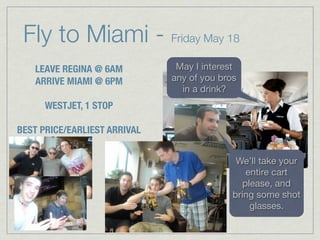 Fly to Miami - Friday May 18
   LEAVE REGINA @ 6AM          May I interest
   ARRIVE MIAMI @ 6PM         any of you bros
                                in a drink?
      WESTJET, 1 STOP

BEST PRICE/EARLIEST ARRIVAL


                                             We’ll take your
                                                entire cart
                                               please, and
                                            bring some shot
                                                 glasses.
 