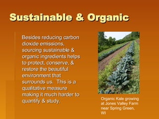 Sustainable & Organic Besides reducing carbon dioxide emissions, sourcing sustainable & organic ingredients helps to protect, conserve, & restore the beautiful environment that surrounds us.  This is a qualitative measure making it much harder to quantify & study. Organic Kale growing at Jones Valley Farm near Spring Green, WI  