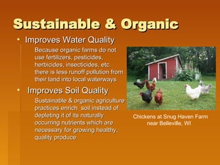 Sustainable & Organic Improves Water Quality Because organic farms do not use fertilizers, pesticides, herbicides, insecticides, etc. there is less runoff pollution from their land into local waterways Improves Soil Quality Sustainable & organic agriculture practices enrich  soil instead of depleting it of its naturally occurring nutrients which are necessary for growing healthy, quality produce Chickens at Snug Haven Farm near Belleville, WI  
