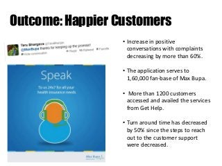 Outcome: Happier Customers
• Increase in positive
conversations with complaints
decreasing by more than 60%.
• The application serves to
1,60,000 fan-base of Max Bupa.
• More than 1200 customers
accessed and availed the services
from Get Help.
• Turn around time has decreased
by 50% since the steps to reach
out to the customer support
were decreased.

 