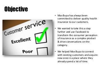 Objective
• Max Bupa has always been
committed to deliver quality health
insurance to our customers.
• We wanted to take this a step
further and use Facebook to
transform the consumer perception
of insurance as a complex product
& drive conversations on the
category.
• We helped Max Bupa to connect
with existing customers and acquire
new ones in a place where they
already spend a lot of time.

 