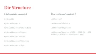 Dir Structure
$ find mydatadir -maxdepth 2
mydatadir
mydatadir/geth
mydatadir/geth/chaindata
mydatadir/geth/nodes
mydatadir/geth/LOCK
mydatadir/geth/nodekey
mydatadir/geth.ipc
$ find ~/.ethereum/ -maxdepth 2
.ethereum/
.ethereum/history
.ethereum/keystore
.ethereum/keystore/UTC--2016-12-16T1
9-26-20.479741815Z--[your key]
 