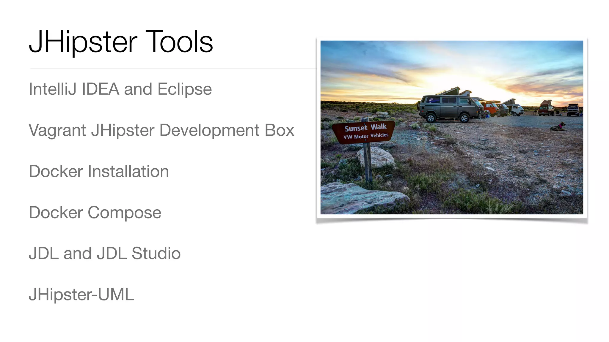 JHipster Tools
IntelliJ IDEA and Eclipse

Vagrant JHipster Development Box

Docker Installation

Docker Compose

JDL and JDL Studio

JHipster-UML
 