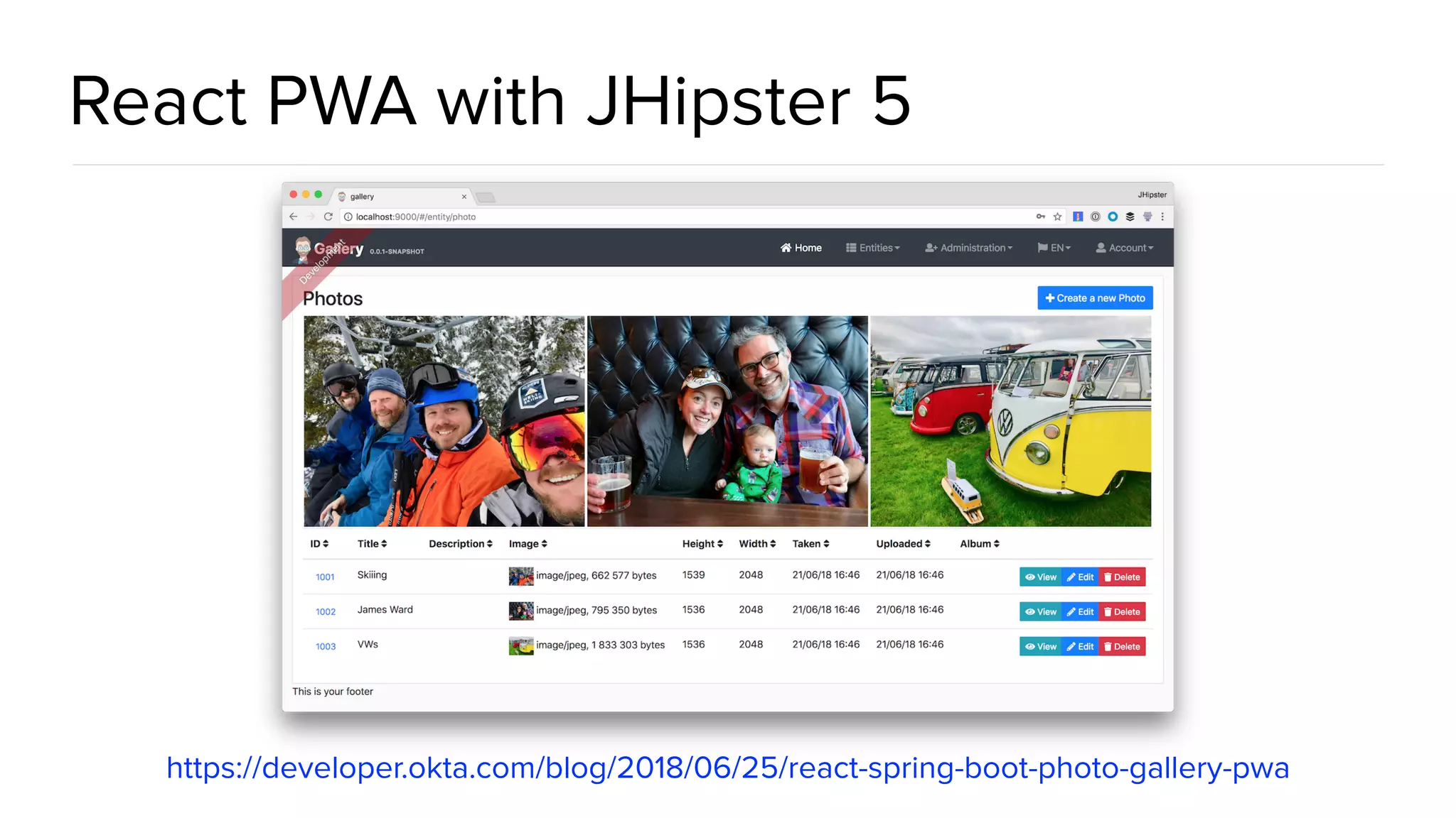 React PWA with JHipster 5
https://developer.okta.com/blog/2018/06/25/react-spring-boot-photo-gallery-pwa
 