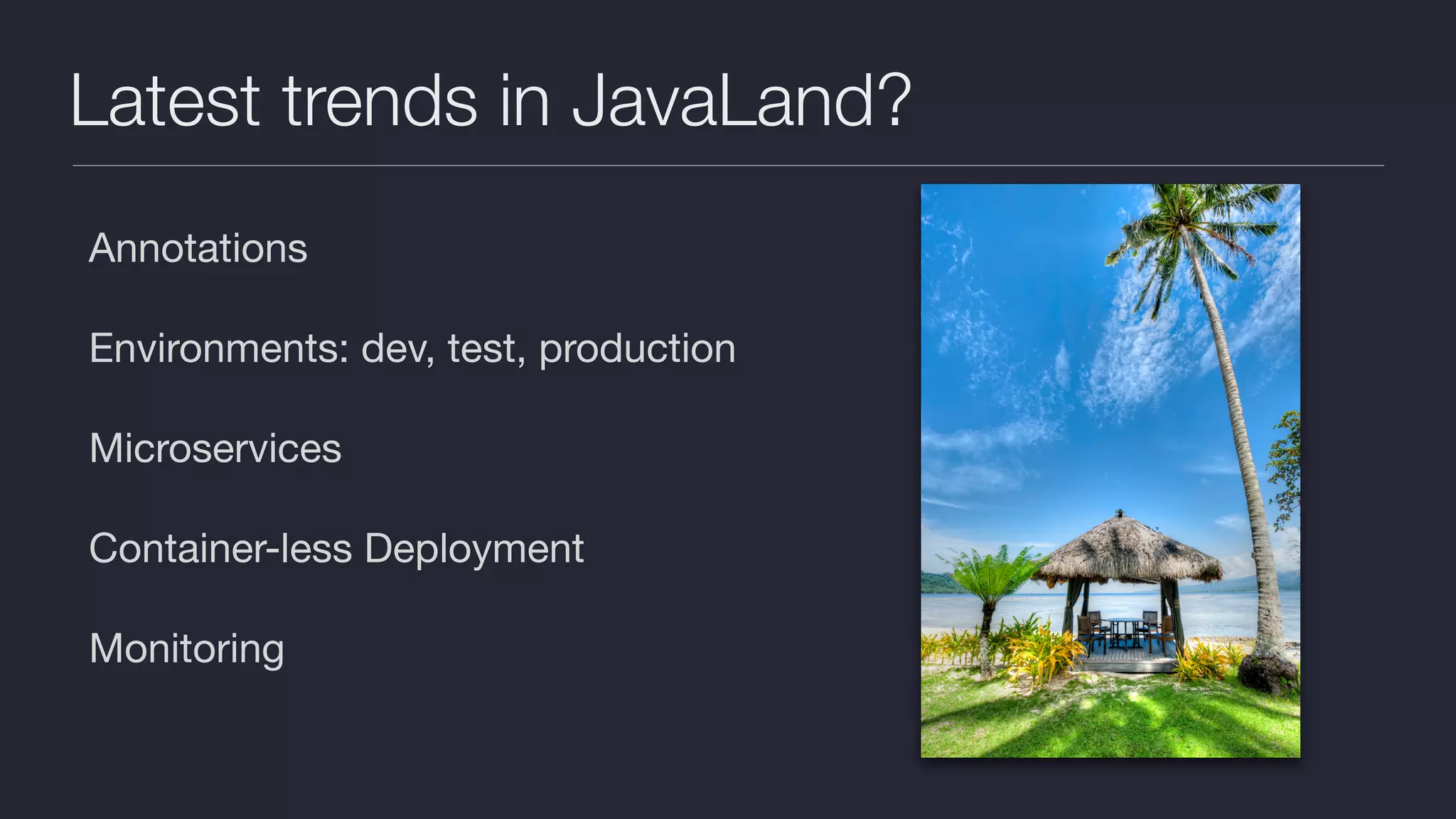 Latest trends in JavaLand? Annotations Environments: dev, test, production Microservices Container-less Deployment Monitoring 