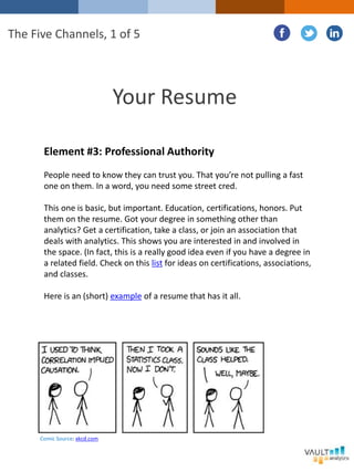 Your Resume
Element #3: Professional Authority
People need to know they can trust you. That you’re not pulling a fast
one on them. In a word, you need some street cred.
This one is basic, but important. Education, certifications, honors. Put
them on the resume. Got your degree in something other than
analytics? Get a certification, take a class, or join an association that
deals with analytics. This shows you are interested in and involved in
the space. (In fact, this is a really good idea even if you have a degree in
a related field. Check on this list for ideas on certifications, associations,
and classes.
Here is an (short) example of a resume that has it all.
The Five Channels, 1 of 5
Comic Source: xkcd.com
 