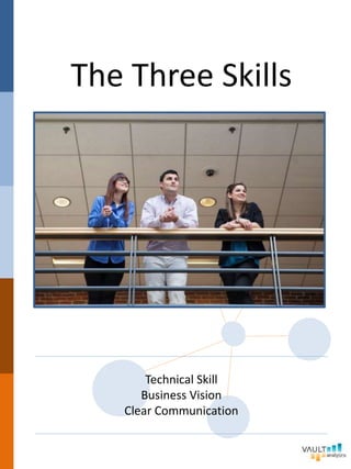 The Three Skills
Technical Skill
Business Vision
Clear Communication
 
