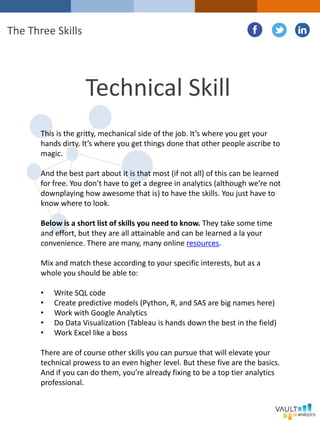 Technical Skill
This is the gritty, mechanical side of the job. It’s where you get your
hands dirty. It’s where you get things done that other people ascribe to
magic.
And the best part about it is that most (if not all) of this can be learned
for free. You don’t have to get a degree in analytics (although we’re not
downplaying how awesome that is) to have the skills. You just have to
know where to look.
Below is a short list of skills you need to know. They take some time
and effort, but they are all attainable and can be learned a la your
convenience. There are many, many online resources.
Mix and match these according to your specific interests, but as a
whole you should be able to:
• Write SQL code
• Create predictive models (Python, R, and SAS are big names here)
• Work with Google Analytics
• Do Data Visualization (Tableau is hands down the best in the field)
• Work Excel like a boss
There are of course other skills you can pursue that will elevate your
technical prowess to an even higher level. But these five are the basics.
And if you can do them, you’re already fixing to be a top tier analytics
professional.
The Three Skills
 
