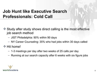 Job Hunt like Executive Search Professionals: Cold Call  Study after study shows direct calling is the most effective job search method JIST Philadelphia: 90% within 90 days NY Career Counseling: 35% who had jobs within 30 days called Hit home! 1-3 meetings per day after two weeks of 25 calls per day Running at our search capacity after 6 weeks with six figure jobs 