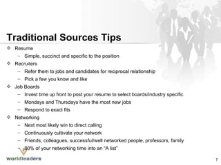 Traditional Sources Tips Resume Simple, succinct and specific to the position  Recruiters Refer them to jobs and candidates for reciprocal relationship Pick a few you know and like Job Boards Invest time up front to post your resume to select boards/industry specific Mondays and Thursdays have the most new jobs Respond to exact fits Networking Next most likely win to direct calling Continuously cultivate your network Friends, colleagues, successful/well networked people, professors, family 80% of your networking time into an “A list” 