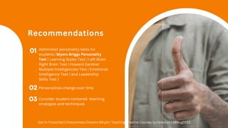 Recommendations
01 Administer personality tests for
students [Myers Briggs Personality
Test | Learning Styles Test | Left Brain
Right Brain Test | Howard Gardner
Multiple Intelligencies Test | Emotional
Intelligence Test | and Leadership
Skills Test ]
02 Personalities change over time
03 Consider student-centered teaching
strategies and techniques
Get In-Troverted | Chevonnese Chevers Whyte | Teaching Creative Courses Symposium | 26Aug2023
 