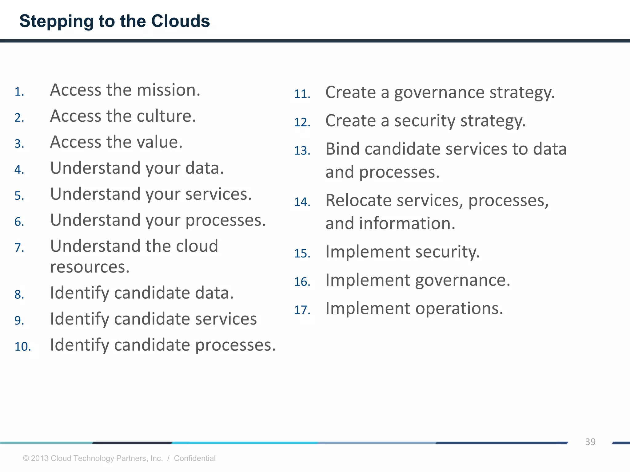 © 2013 Cloud Technology Partners, Inc. / Confidential
39
Stepping to the Clouds
1. Access the mission.
2. Access the culture.
3. Access the value.
4. Understand your data.
5. Understand your services.
6. Understand your processes.
7. Understand the cloud
resources.
8. Identify candidate data.
9. Identify candidate services
10. Identify candidate processes.
11. Create a governance strategy.
12. Create a security strategy.
13. Bind candidate services to data
and processes.
14. Relocate services, processes,
and information.
15. Implement security.
16. Implement governance.
17. Implement operations.
 