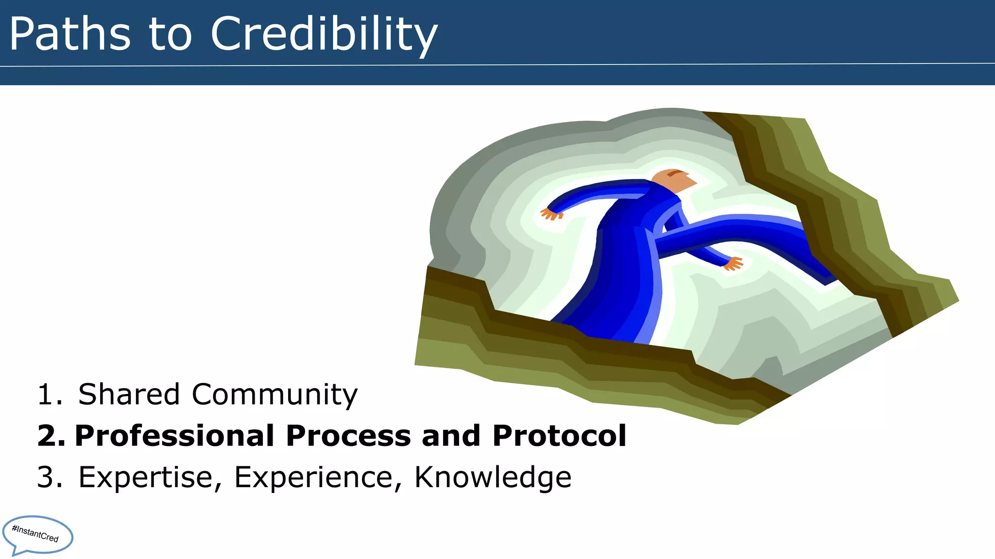 Paths to Credibility 
1. Shared Community 
2. Professional Process and Protocol 
3. Expertise, Experience, Knowledge 
#InstantCred 
 