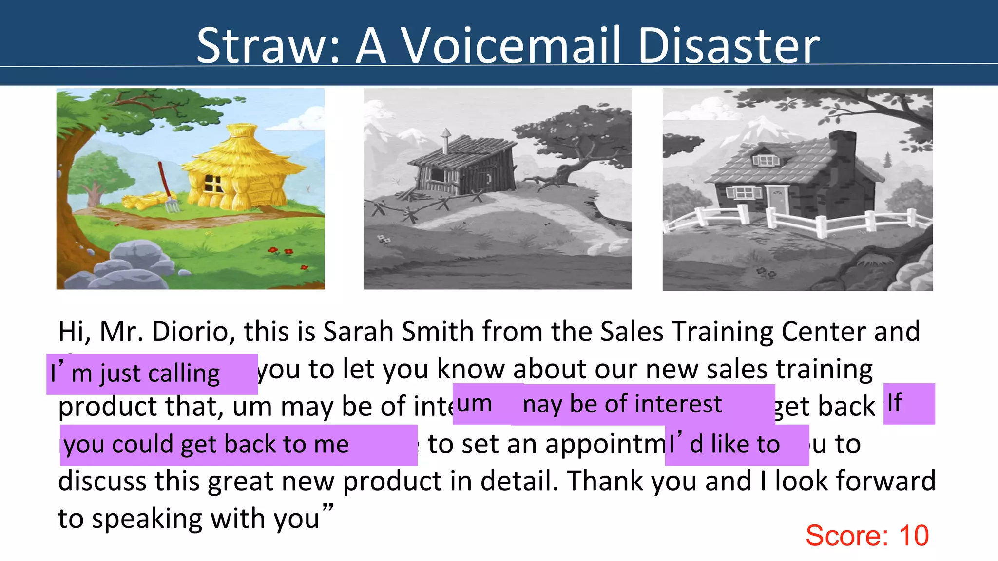 Straw: 
A 
Voicemail 
Disaster 
Hi, 
Mr. 
Diorio, 
this 
is 
Sarah 
Smith 
from 
the 
Sales 
Training 
Center 
and 
I’m 
just 
calling 
you 
to 
let 
you 
know 
about 
our 
new 
sales 
training 
product 
that, 
um 
may 
be 
of 
interest 
to 
you. 
If 
you 
could 
get 
back 
to 
me 
at 
414-­‐555-­‐1212, 
I’d 
like 
to 
set 
an 
appointment 
with 
you 
to 
discuss 
this 
great 
new 
product 
in 
detail. 
Thank 
you 
and 
I 
look 
forward 
to 
speaking 
with 
you” 
Score: 10 
I’m 
just 
calling 
may 
be 
of 
interest 
I’d 
like 
to 
If 
you 
could 
get 
back 
to 
me 
um 
 