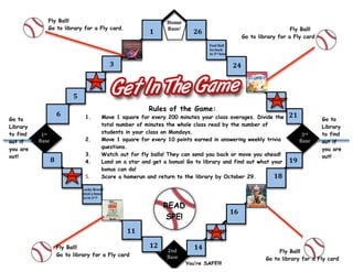 Fly Ball!                                                                   Home 
                  Go to library for a Fly card.                                               Base!                                                     Fly Ball!
                                                                                        1                 26 
                                                                                                                                     Go to library for a Fly card
                                                                                                                Foul Ball 
                                                                                                                Go back 
                                                                                                                to 3rd base 


                                                                    3                                                          24 
                                                                    !
                                                                        !"


                                                           Bonus              
                                                        
                                         5                                                                                                          Bonus 

                                                                                                                                                 
                                                                                        Rules of the Game:
                      6                             1.          Move 1 square for every 200 minutes your class averages. Divide the                          21 
Go to                 !
                          !                                                                                                                                                Go to
Library                       "                                 total number of minutes the whole class read by the number of                                              Library
to find        1st 
                                                                students in your class on Mondays.                                                                  3rd    to find
out if        Base                                  2.          Move 1 square for every 10 points earned in answering weekly trivia                                Base    out if
you are                                                         questions.                                                                                                 you are
out!                                                3.          Watch out for fly balls! They can send you back or move you ahead!                                         out!
                  8                                 4.          Land on a star and get a bonus! Go to library and find out what your                         19             
                                                                bonus can do!
                                      Bonus         5.          Score a homerun and return to the library by October 29.         18 
                                   
                                                   Lucky Break! 
                                                   Steal a base. 
                                                   Go to 2nd!                                                                            17 
                                                                                              READ
                                                                                                                               16 
                                                                                              SPE!
                                                                                 11                                 Bonus 
                                                                                 !                               
                                                                                 !"
                                                                                     
                      Fly Ball!                                                         12                14 
                                                                                              2nd                                                   Fly Ball!
                      Go to library for a Fly card                                            Base 
                                                                                                                                               Go to library for a Fly card
                                                                                                       You’re SAFE!!!
 