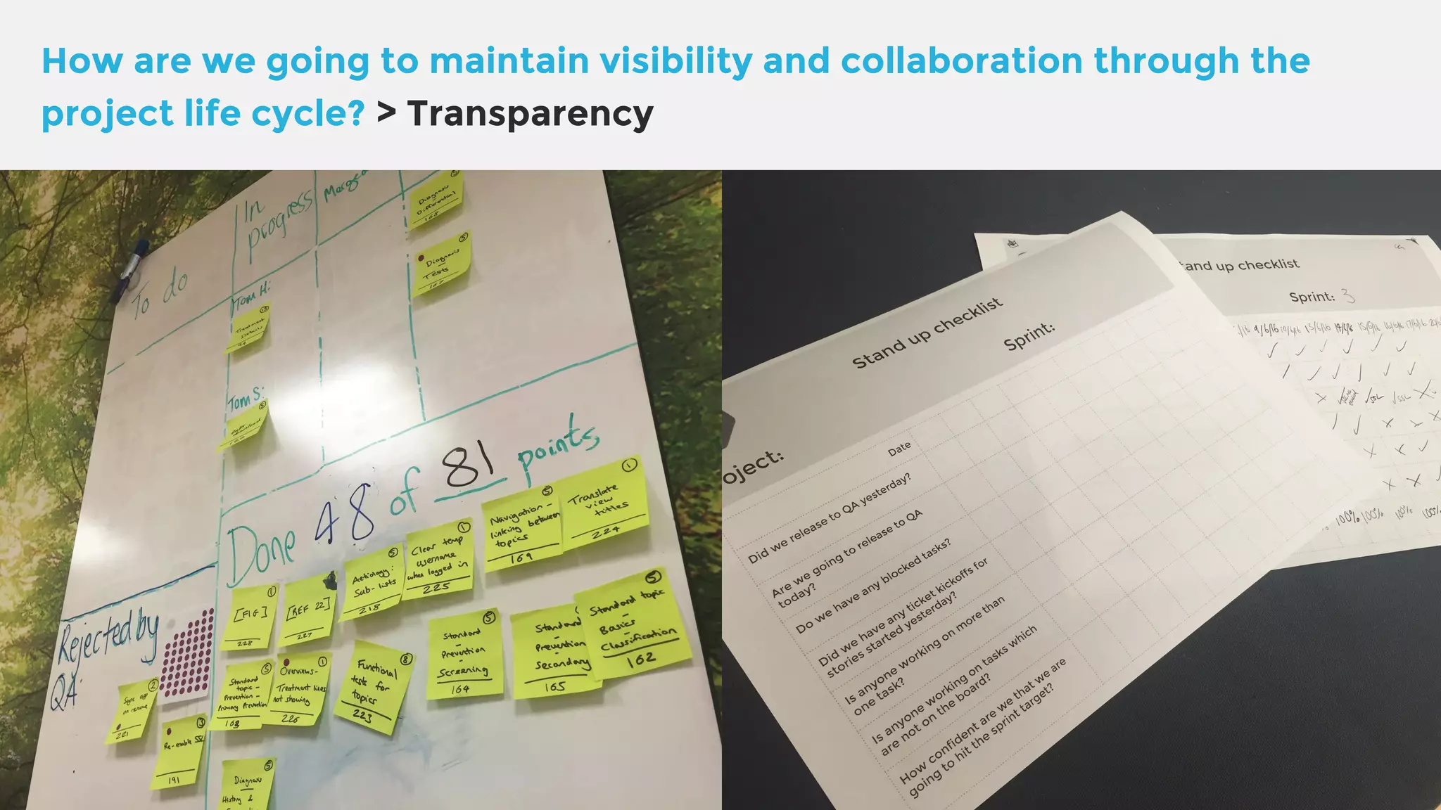 How are we going to maintain visibility and collaboration through the project life cycle? > Transparency 