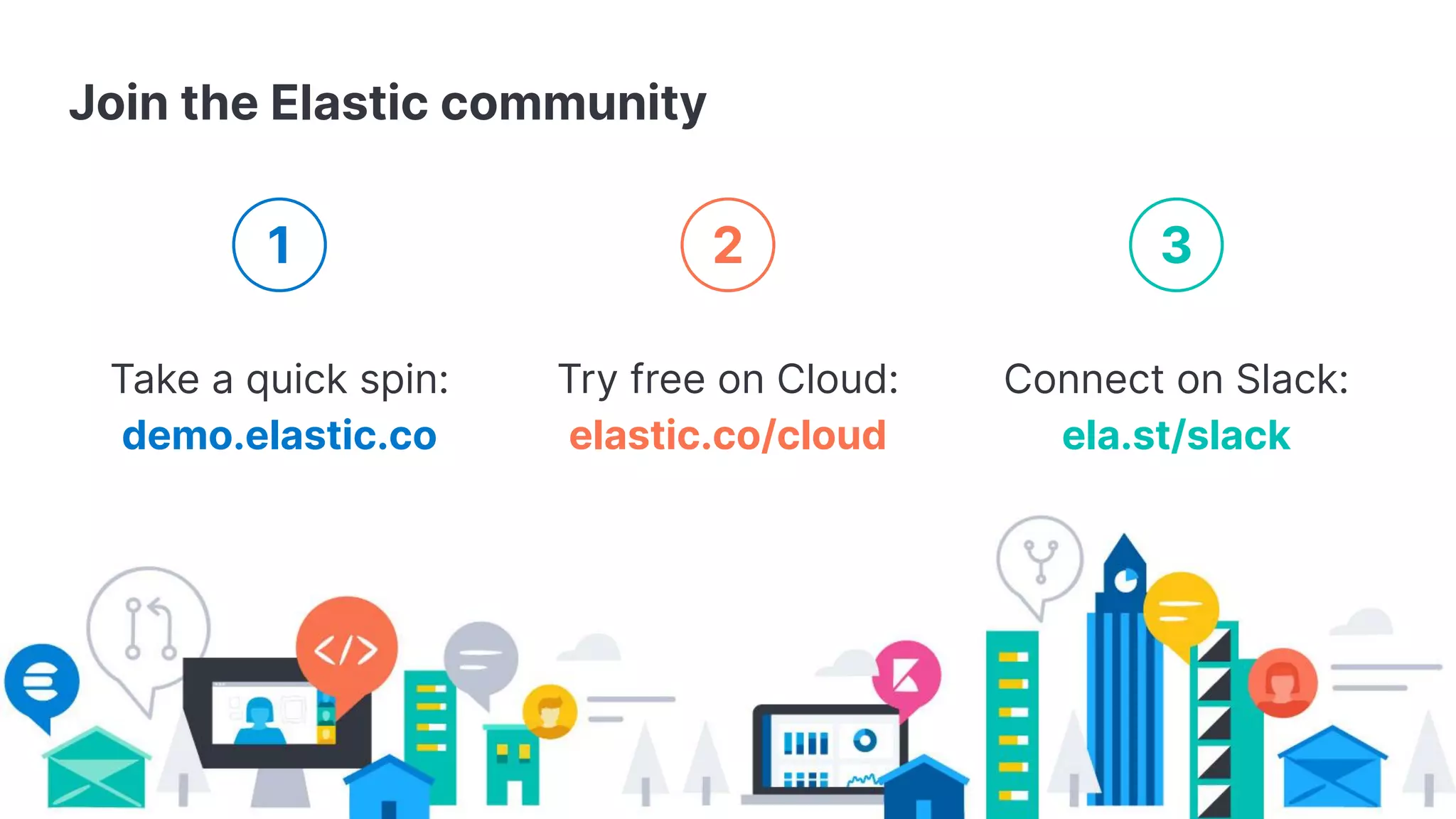 Try free on Cloud:
elastic.co/cloud
Take a quick spin:
demo.elastic.co
Connect on Slack:
ela.st/slack
1 2 3
Join the Elastic community
 