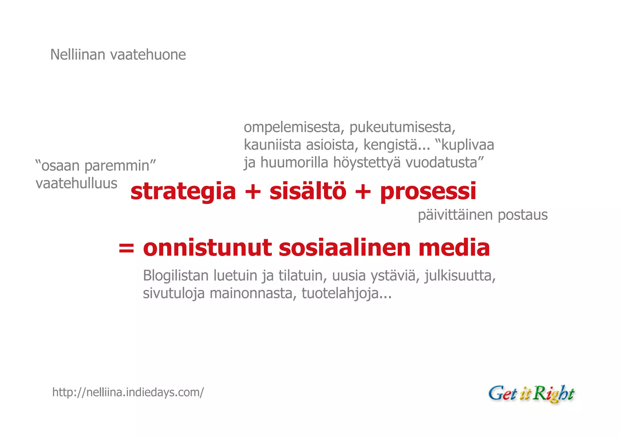 Nelliinan vaatehuone



                                    ompelemisesta, pukeutumisesta,
                                    kauniista asioista, kengistä... “kuplivaa
“osaan paremmin”                    ja huumorilla höystettyä vuodatusta”
vaatehulluus
                 strategia + sisältö + prosessi
                                                                 päivittäinen postaus

              = onnistunut sosiaalinen media
                   Blogilistan luetuin ja tilatuin, uusia ystäviä, julkisuutta,
                   sivutuloja mainonnasta, tuotelahjoja...




  http://nelliina.indiedays.com/
 
