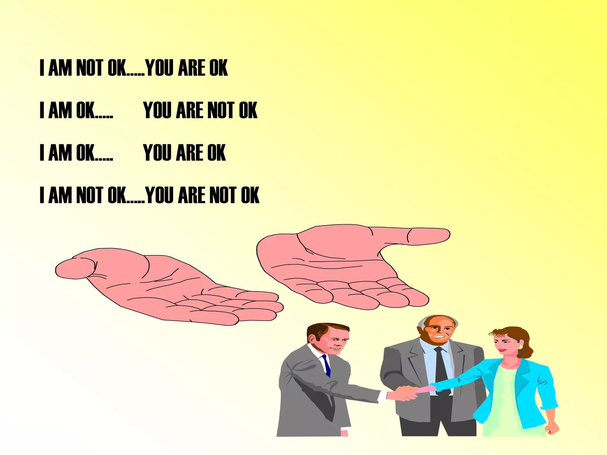 I AM NOT OK…..YOU ARE OK 
I AM OK….. YOU ARE NOT OK 
I AM OK….. YOU ARE OK 
I AM NOT OK…..YOU ARE NOT OK 
 