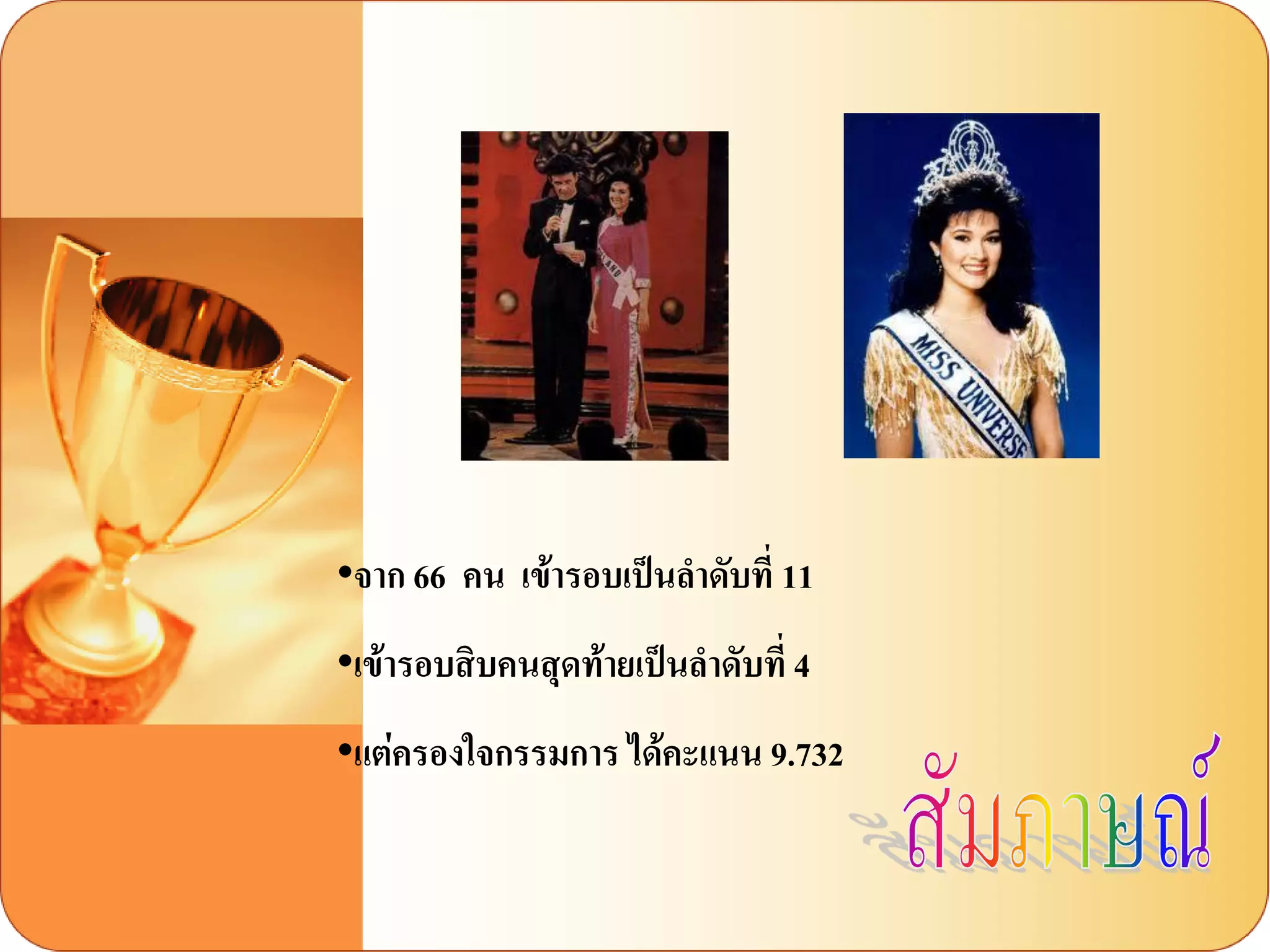 •จาก 66 คน เข้ารอบเป็นลาดับที่ 11 
•เข้ารอบสิบคนสุดท้ายเป็นลาดับที่ 4 
•แต่ครองใจกรรมการ ได้คะแนน 9.732  