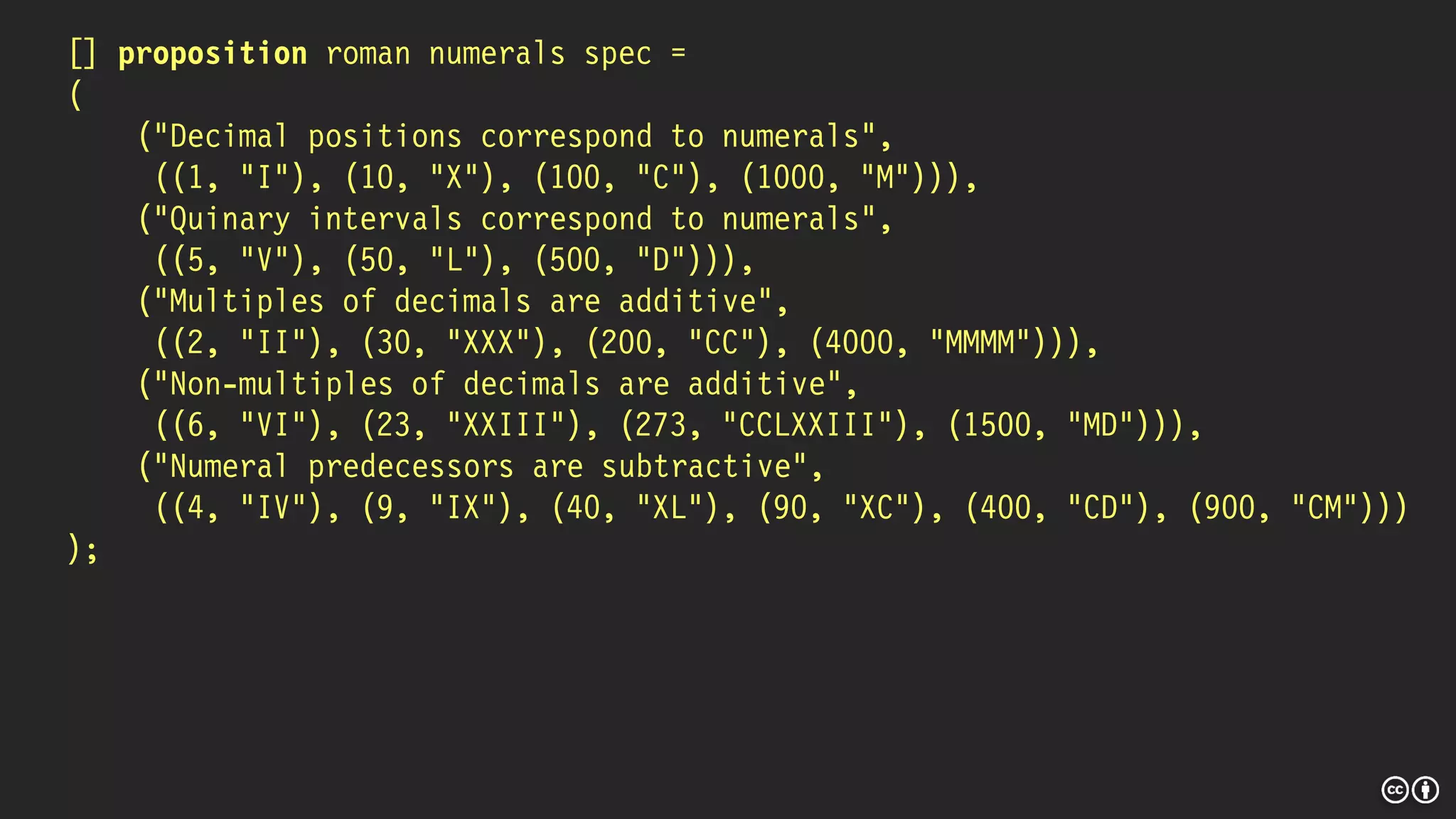 [] proposition roman numerals spec =
(
("Decimal positions correspond to numerals",
((1, "I"), (10, "X"), (100, "C"), (1000, "M"))),
("Quinary intervals correspond to numerals",
((5, "V"), (50, "L"), (500, "D"))),
("Multiples of decimals are additive",
((2, "II"), (30, "XXX"), (200, "CC"), (4000, "MMMM"))),
("Non-multiples of decimals are additive",
((6, "VI"), (23, "XXIII"), (273, "CCLXXIII"), (1500, "MD"))),
("Numeral predecessors are subtractive",
((4, "IV"), (9, "IX"), (40, "XL"), (90, "XC"), (400, "CD"), (900, "CM")))
);
 