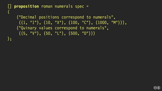 [] proposition roman numerals spec =
(
("Decimal positions correspond to numerals",
((1, "I"), (10, "X"), (100, "C"), (1000, "M"))),
("Quinary values correspond to numerals",
((5, "V"), (50, "L"), (500, "D")))
);
 