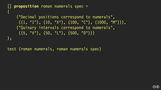 [] proposition roman numerals spec =
(
("Decimal positions correspond to numerals",
((1, "I"), (10, "X"), (100, "C"), (1000, "M"))),
("Quinary intervals correspond to numerals",
((5, "V"), (50, "L"), (500, "D")))
);
test (roman numerals, roman numerals spec)
 