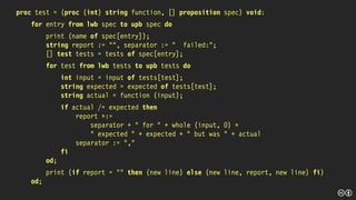 proc test = (proc (int) string function, [] proposition spec) void:
for entry from lwb spec to upb spec do
print (name of spec[entry]);
string report := "", separator := " failed:";
[] test tests = tests of spec[entry];
for test from lwb tests to upb tests do
int input = input of tests[test];
string expected = expected of tests[test];
string actual = function (input);
if actual /= expected then
report +:=
separator + " for " + whole (input, 0) +
" expected " + expected + " but was " + actual
separator := “,”
fi
od;
print (if report = "" then (new line) else (new line, report, new line) fi)
od;
 