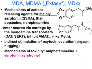 MDA, MDMA („Extasy“), MDxx
• Mechanisms of action:
   releasing agents for mainly
   serotonin (SSRA), than
   dopamine, norepinephrine
- enter neuron via carriage by
   the monoamine transporters
   (DAT, SERT); inhibit VMAT... (like Meth).
- indirect stimulation of oxytocin secretion (orgasm,
   hugging)
- Mechanisms of toxicity: amphetamin-like +
   serotonin syndrome!

                                                 17
 