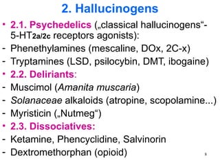 2. Hallucinogens
• 2.1. Psychedelics („classical hallucinogens“-
  5-HT2a/2c receptors agonists):
- Phenethylamines (mescaline, DOx, 2C-x)
- Tryptamines (LSD, psilocybin, DMT, ibogaine)
• 2.2. Deliriants:
- Muscimol (Amanita muscaria)
- Solanaceae alkaloids (atropine, scopolamine...)
- Myristicin („Nutmeg“)
• 2.3. Dissociatives:
- Ketamine, Phencyclidine, Salvinorin
- Dextromethorphan (opioid)                   8
 