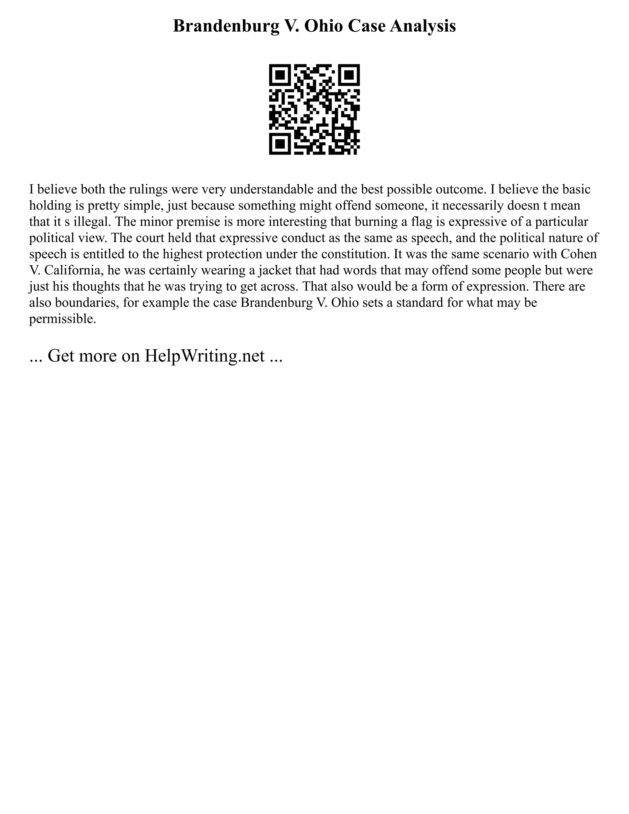 Brandenburg V. Ohio Case Analysis
I believe both the rulings were very understandable and the best possible outcome. I believe the basic
holding is pretty simple, just because something might offend someone, it necessarily doesn t mean
that it s illegal. The minor premise is more interesting that burning a flag is expressive of a particular
political view. The court held that expressive conduct as the same as speech, and the political nature of
speech is entitled to the highest protection under the constitution. It was the same scenario with Cohen
V. California, he was certainly wearing a jacket that had words that may offend some people but were
just his thoughts that he was trying to get across. That also would be a form of expression. There are
also boundaries, for example the case Brandenburg V. Ohio sets a standard for what may be
permissible.
... Get more on HelpWriting.net ...
 