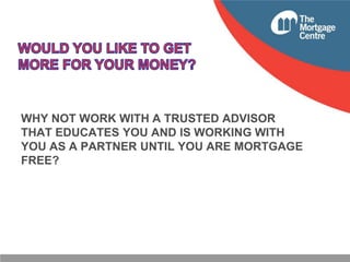 WHY NOT WORK WITH A TRUSTED ADVISOR
THAT EDUCATES YOU AND IS WORKING WITH
YOU AS A PARTNER UNTIL YOU ARE MORTGAGE
FREE?

 
