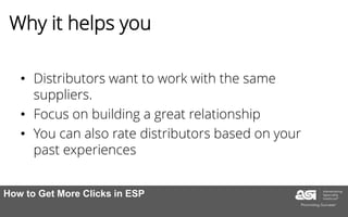 Why it helps you
• Distributors want to work with the same
suppliers.
• Focus on building a great relationship
• You can also rate distributors based on your
past experiences
How to Get More Clicks in ESP
 