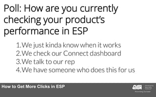 Poll: How are you currently
checking your product’s
performance in ESP
1.We just kinda know when it works
2.We check our Connect dashboard
3.We talk to our rep
4.We have someone who does this for us
How to Get More Clicks in ESP
 