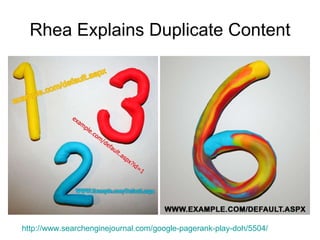 Rhea Explains Duplicate Content http://www.searchenginejournal.com/google-pagerank-play-doh/5504/   